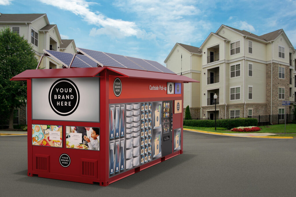 Red CX20 unit rendered at the curb of a suburban apartment complex, offering residents curbside pick-up just steps from their buildings.