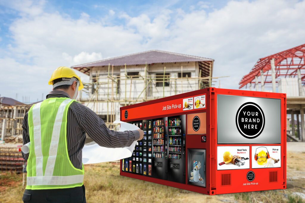 CX20 unit branded for Job Site Pick-up rendered at a house-framing site, a builder in a hard hat reviewing blueprints beside tool and supply vending.