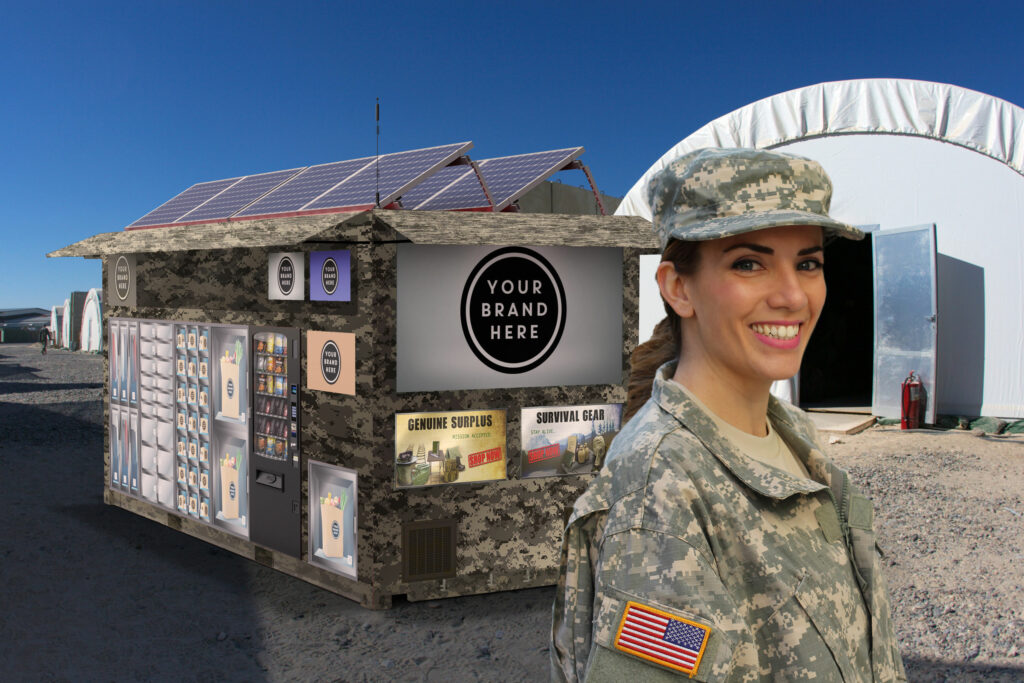 Camouflage-wrapped CX20 unit with solar roof and surplus-gear lockers rendered at a desert base, a smiling soldier standing beside a dome shelter in the foreground.