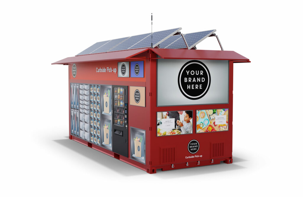 Studio render of the red CX20 popup storefront from a three-quarter angle, showing the solar roof, locker banks, vending machine, and branded end panel.