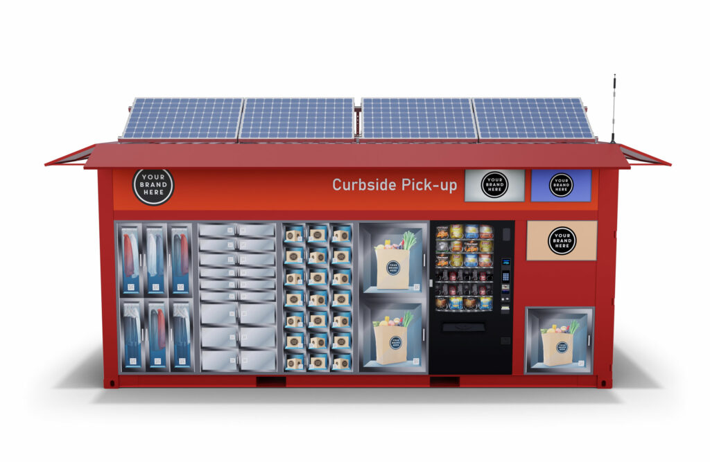 Straight-on studio render of the CX20 unit, its full retail face of lockers, vending window, and Curbside Pick-up signage beneath rooftop solar panels.