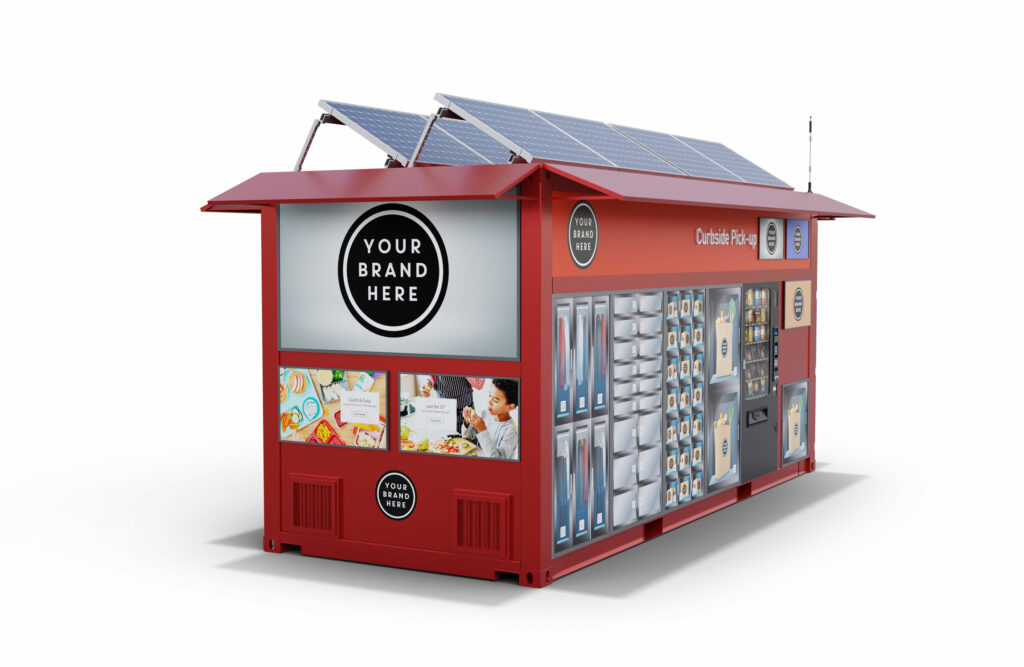 Reverse-angle studio render of the red CX20 unit, the branded hero panel and lifestyle imagery leading around to the stocked locker side.