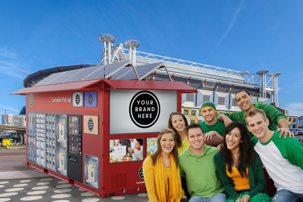 Fans in team colors gathered beside a red CX20 unit outside a stadium, its branded hero panel and stocked lockers ready for game-day retail.