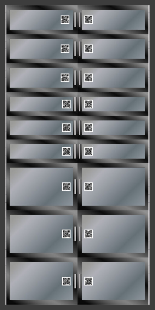 Delivery locker bank rendered in brushed steel, paired QR-coded doors in graduated sizes ready for package pick-up.