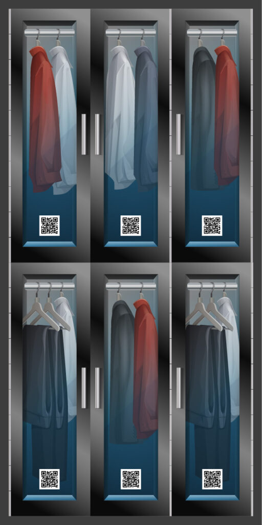 Glass-front garment lockers with QR pick-up codes, pressed shirts and hangers staged for laundry and dry-cleaning retrieval.