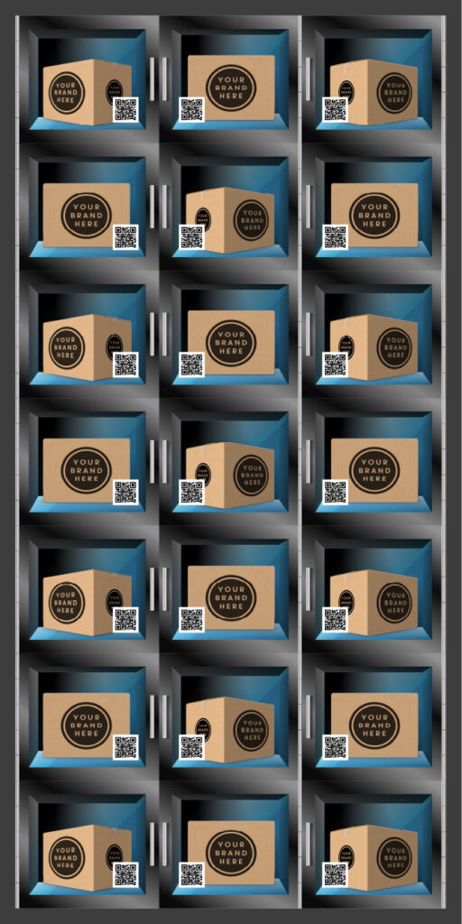 Merchandise locker wall rendered as a grid of lit cubbies, each holding a branded carton beside its QR pick-up code.