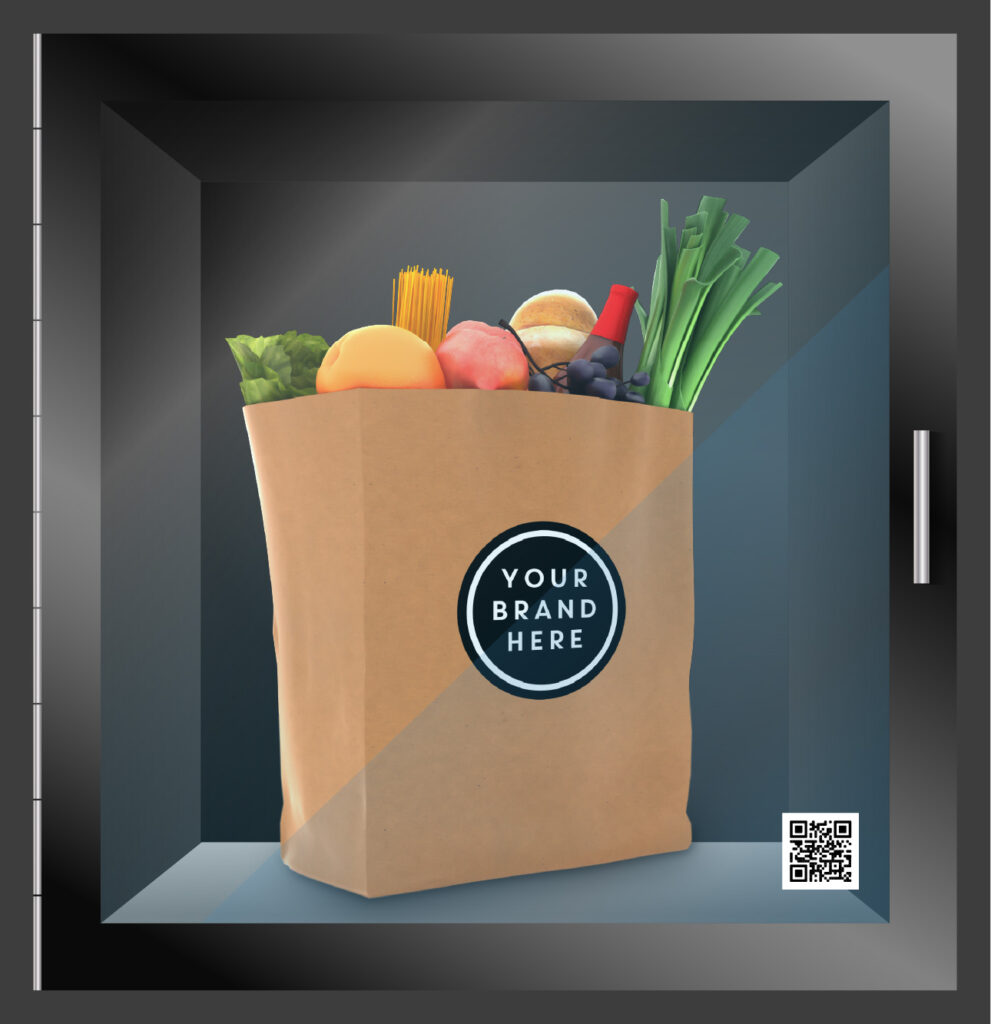 Single refrigerated locker holding a branded grocery bag of fresh produce behind a glass door with its QR pick-up code.