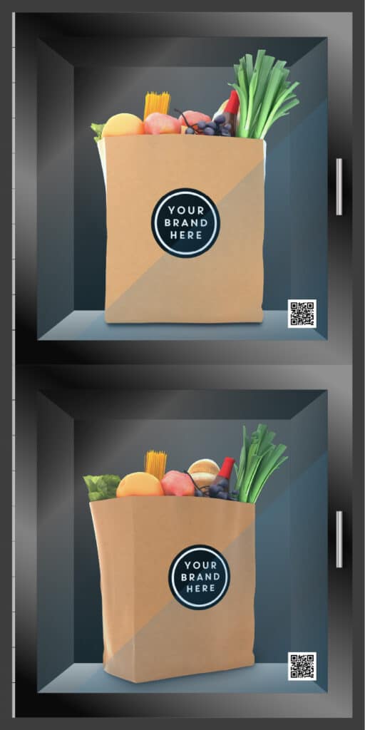 Stacked pair of refrigerated lockers, each glass door revealing a branded grocery bag of fresh produce beside its QR pick-up code.