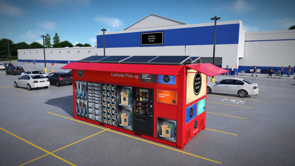Rendered red CX20 unit with rooftop solar panels and Curbside Pick-up signage stationed in a big-box store parking lot as shoppers and cars pass behind.