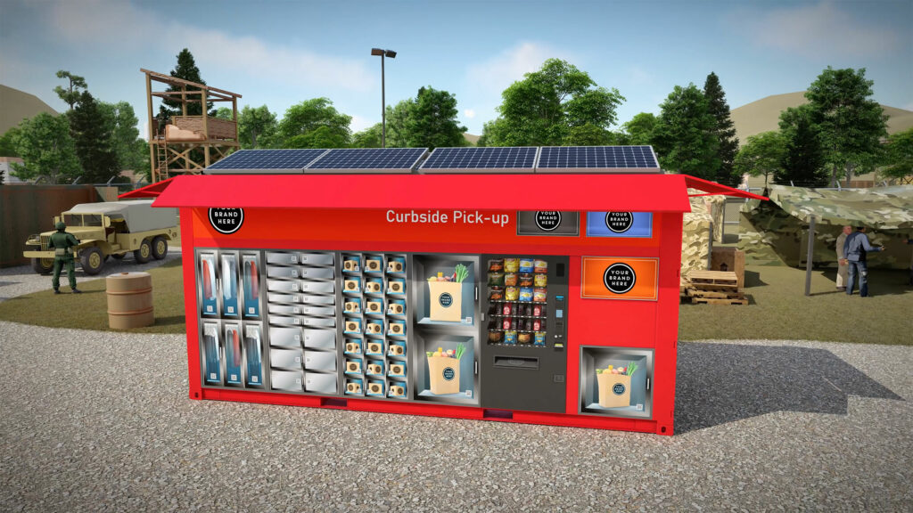 Red CX20 unit rendered at a wooded military camp among tents, a jeep, and a watchtower, its lockers and vending window stocked for on-base convenience.