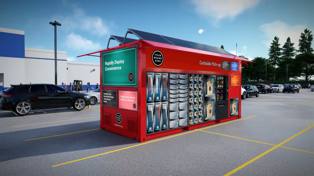 Red CX20 unit rendered in a storefront parking lot, its Rapidly Deploy Convenience panel and stocked locker doors facing a row of parked cars.