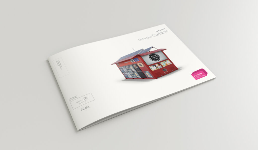 Cartable brand style guide cover mockup, the stocked CX20 unit rendered beneath the McFadyen Cartable identity title with a magenta accent swatch.