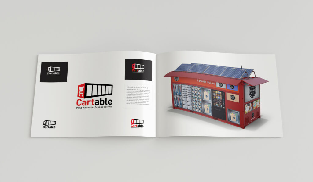 Open Cartable style guide spread pairing logo colorways and brand positioning notes with a full-page render of the stocked CX20 unit.