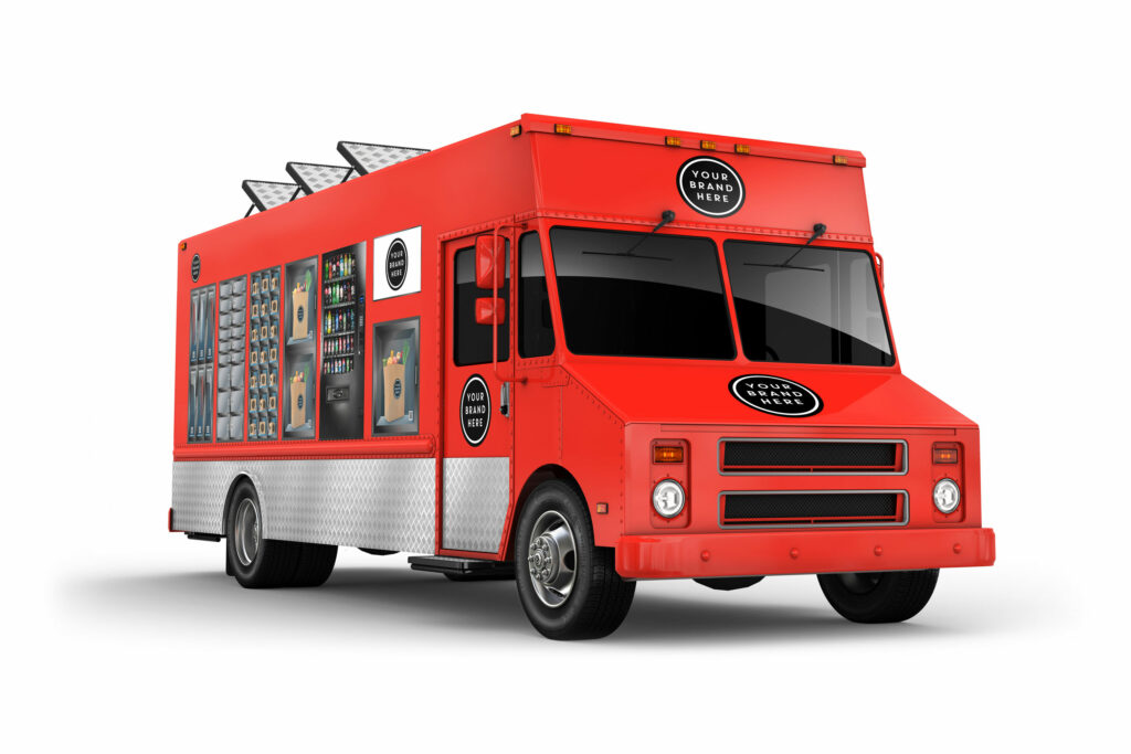 Studio render of the red VX22 delivery vehicle from the front quarter, retail lockers and vending built into its service side beneath rooftop solar.