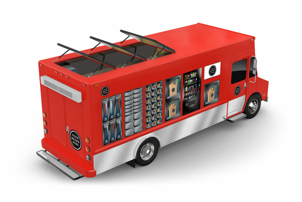 Elevated rear view of the VX22 vehicle render, raised solar arrays exposing the roof while lockers and refrigerated cases line the open side.