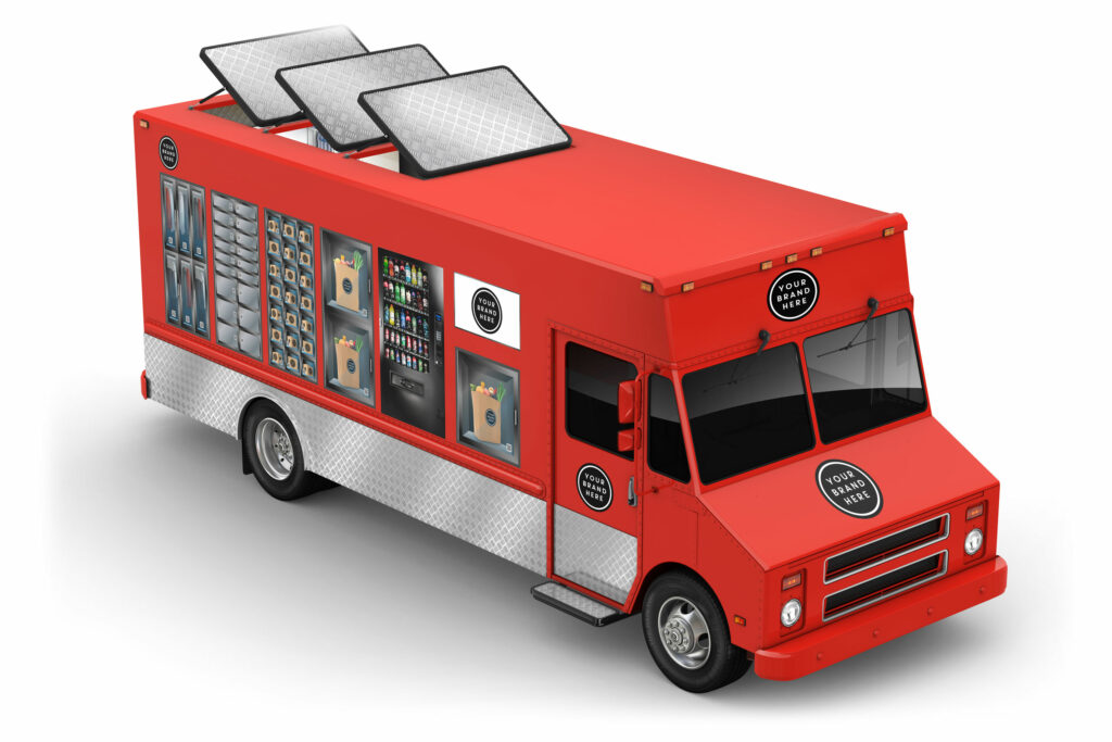 Overhead three-quarter render of the red VX22 delivery vehicle, tilted rooftop solar panels above its stocked locker and vending wall.