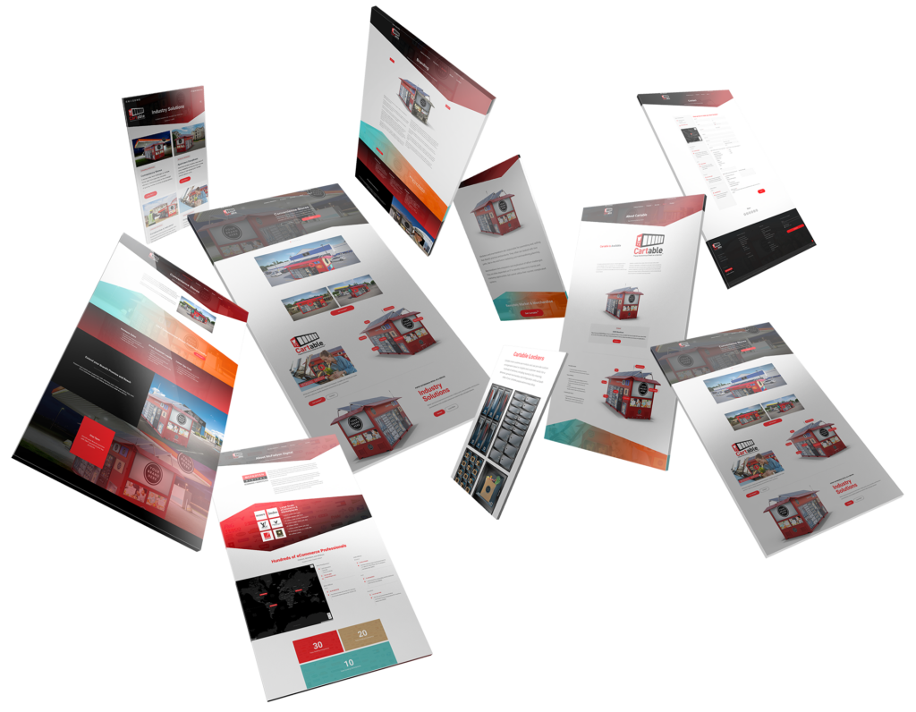 Isometric collage of Cartable website pages, red and black layouts connecting product renders, industry solutions, and locker detail across the launch site.