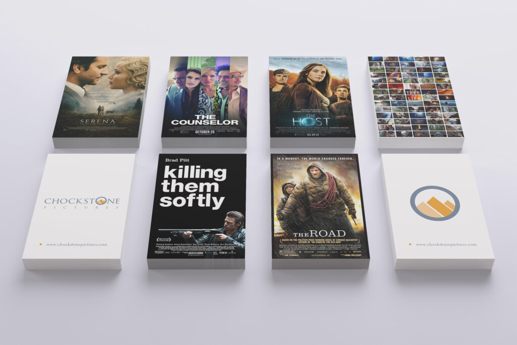 Eight Chockstone Pictures business cards arrayed with film-poster backs, Serena, The Counselor, The Host, Killing Them Softly, and The Road among white logo fronts.