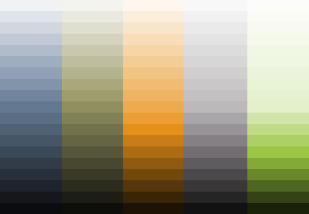 Chockstone Pictures color system, five columns stepping slate blue, olive, amber, warm gray, and green from near-white tints down to black.