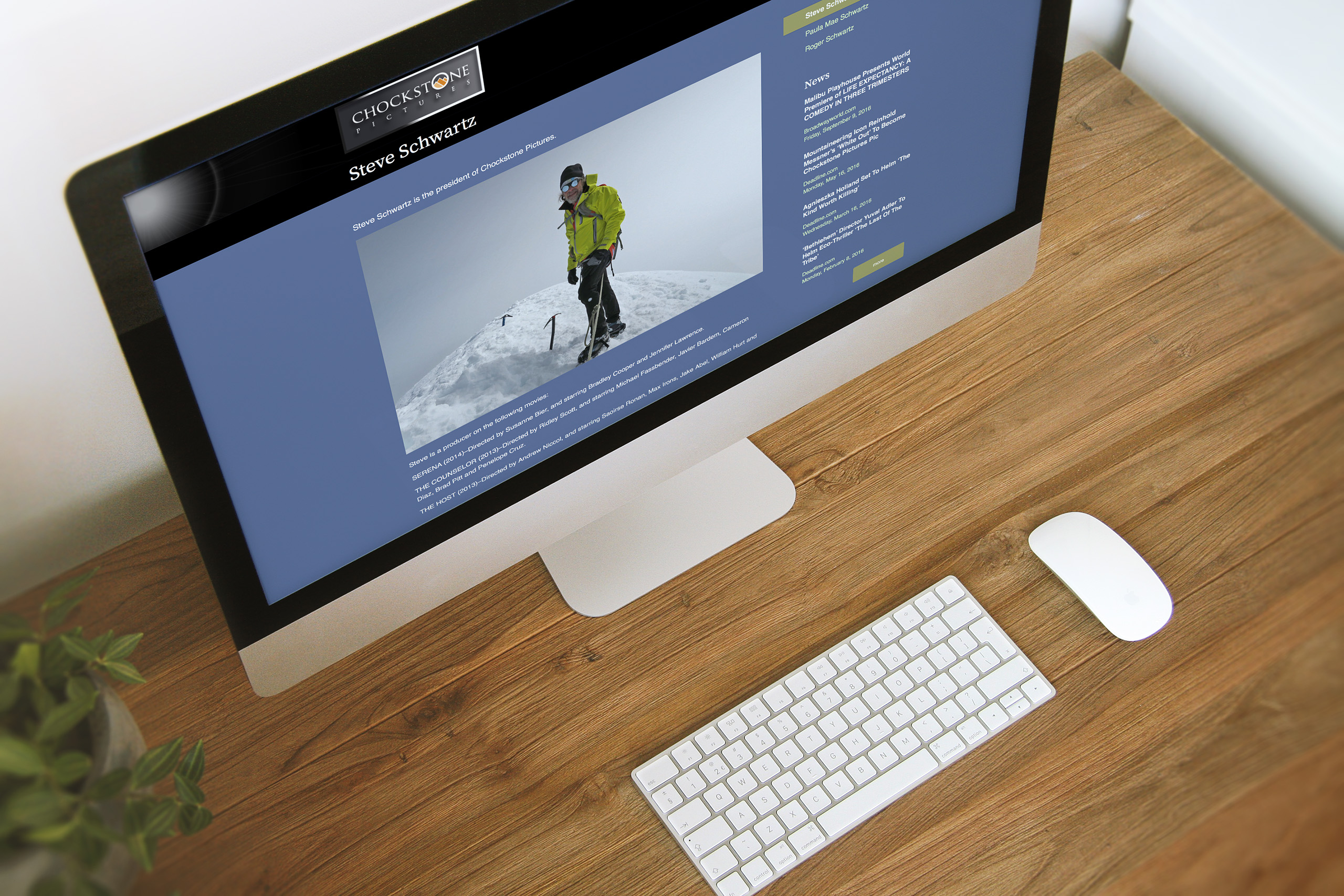 Steve Schwartz management page on an iMac, his summit portrait in climbing gear beside the running news sidebar.