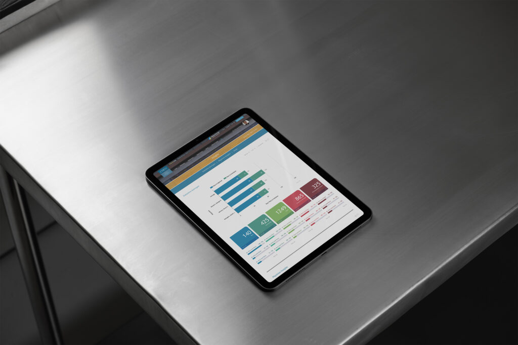 Streamline analytics view on an iPad resting on brushed steel, aggregating trial initiation bar charts with color-coded portfolio status tiles.