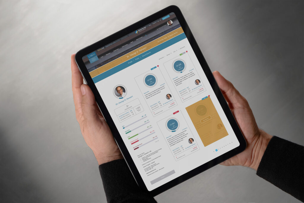 Physician profile in Streamline held on an iPad, pairing the doctor’s portrait and goal progress bars with trial cards carrying circular completion rings.