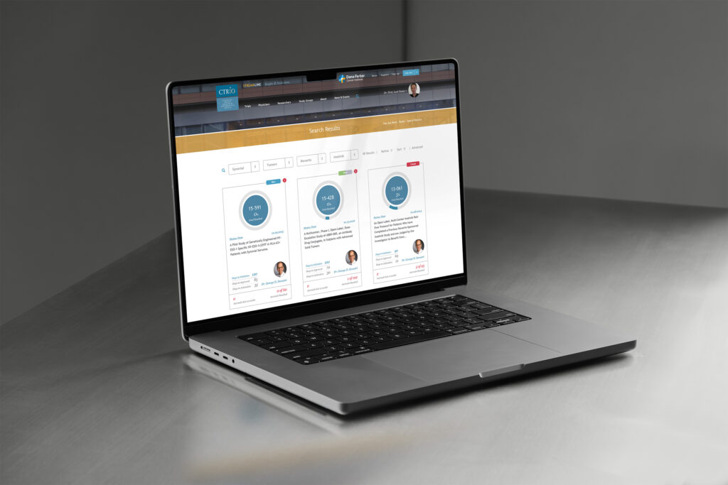 Streamline search results on a MacBook Pro, trials returned as visual cards with circular completion rings, investigator portraits, and color-coded status badges.