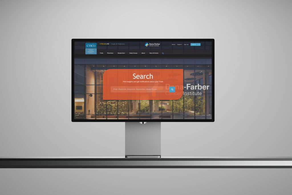 Streamline’s search-first front door on an Apple Studio Display, an orange search panel inviting trial queries above imagery of the Dana-Farber campus.