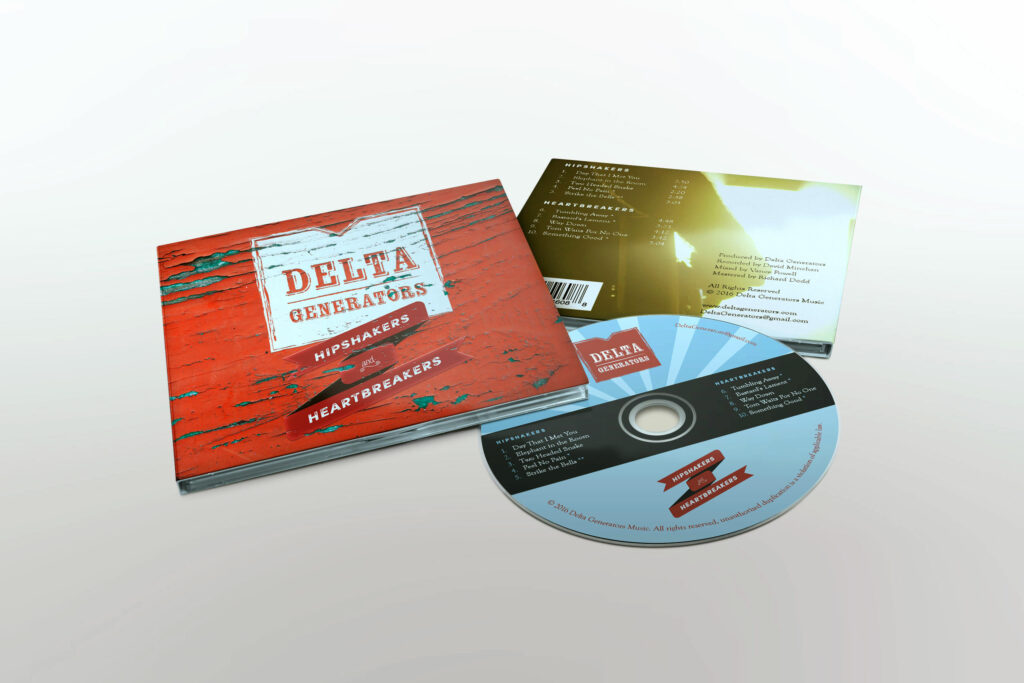 Digipak cover on chipped red barn-board artwork beside the back tracklist panel and a light-blue disc carrying the red ribbon marks.