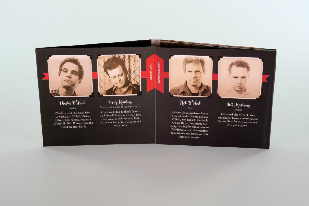 Open gatefold interior with four sepia band member portraits, each framed above script names, instrument credits, and personal thank-you notes.