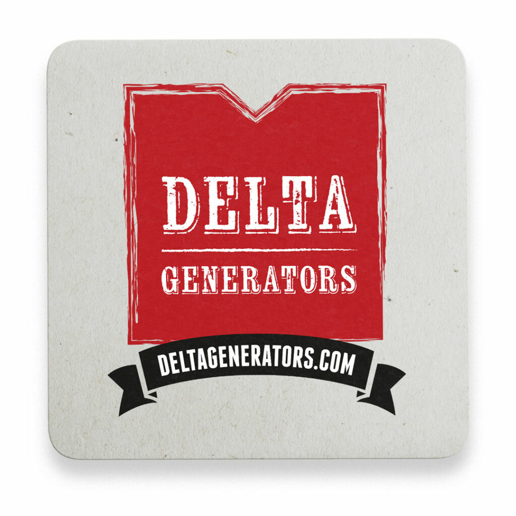 Square white pulpboard coaster printed with the red band logo above a black deltagenerators.com ribbon banner on natural stock.