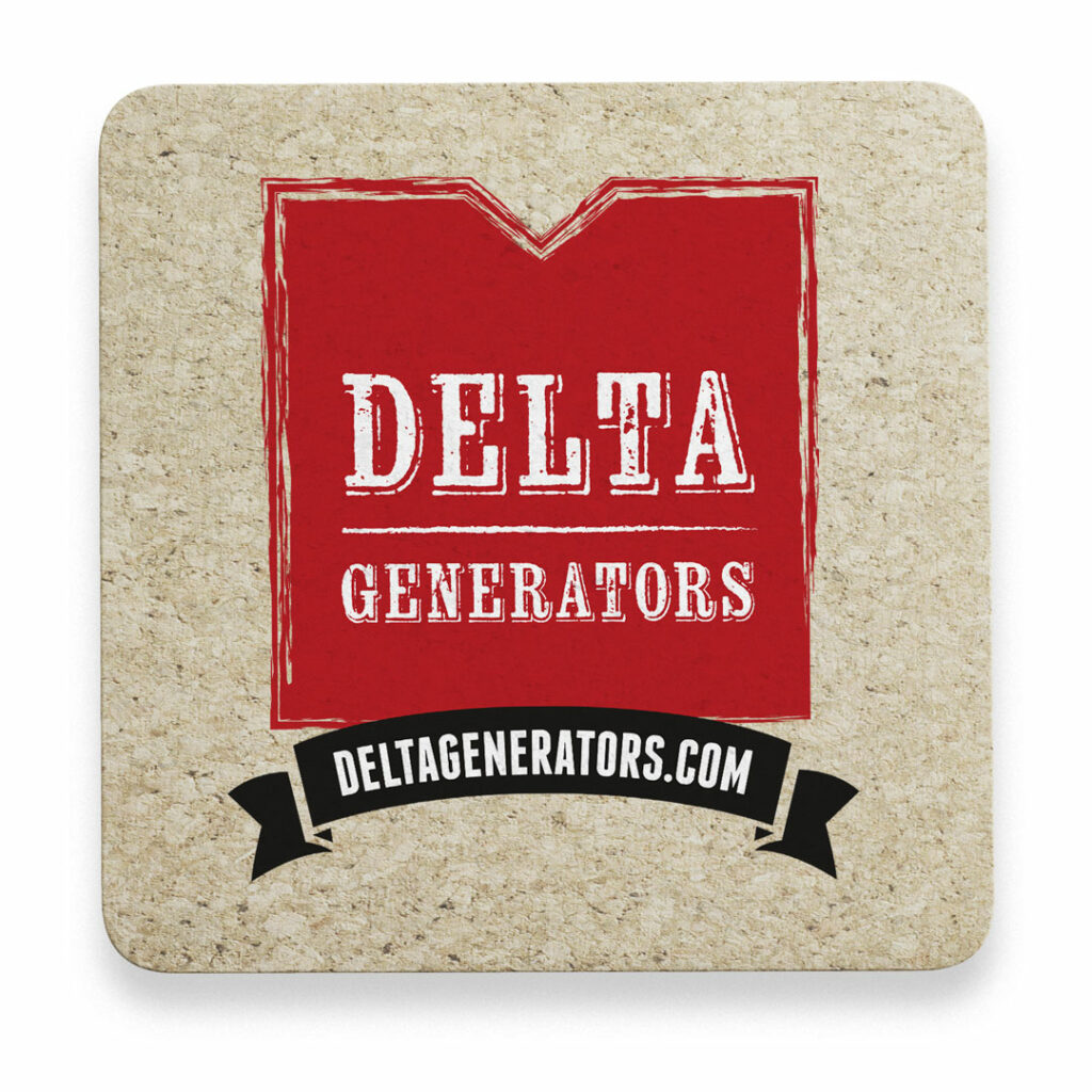 Square cork coaster carrying the red logo and black website ribbon, the speckled natural surface playing against the distressed mark.
