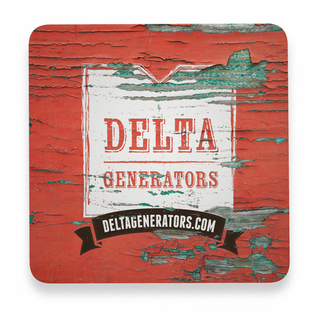 Full-bleed coaster wrapped in the chipped red barn-paint texture, the white logo panel and dark website ribbon printed over it.