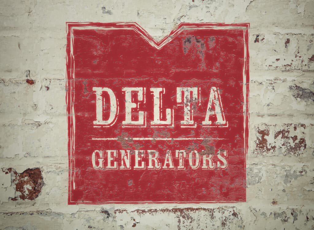 Red square logo aged into a peeling whitewashed brick wall, its cracked paint texture showing through the worn slab-serif band lettering.