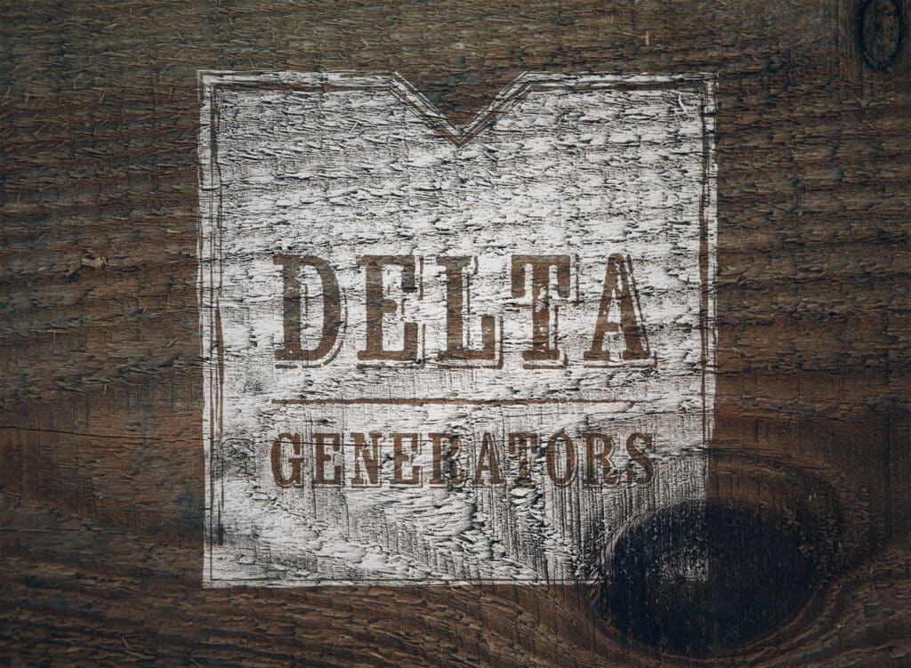 White logo panel weathered into dark knotted barn wood, the chipped brushwork letting the grain show through the brown Delta Generators lettering.