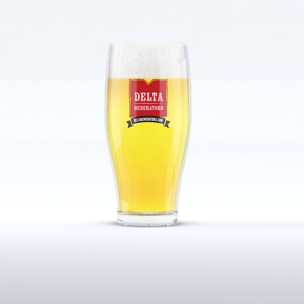 Tulip pint glass filled with golden beer, printed with the red square band logo above a black deltagenerators.com banner.