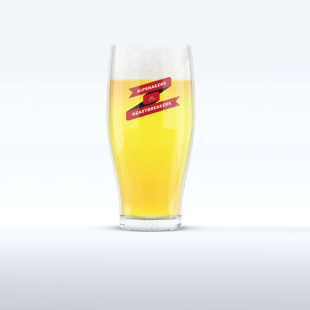 Tulip pint glass of golden beer carrying the angled red Hipshakers and Heartbreakers ribbon mark from the album identity.