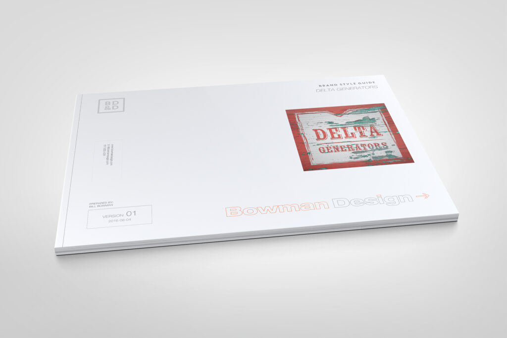 Landscape brand style guide cover with a photographed logo on chipped red barn wood, framed in white with Bowman Design credit marks.