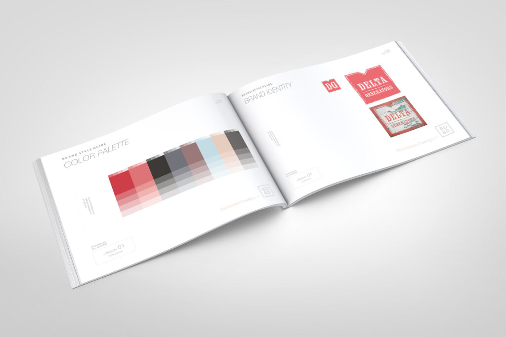 Open guide spread pairing the stepped brand color palette with the identity page, showing clean and weathered logo versions side by side.