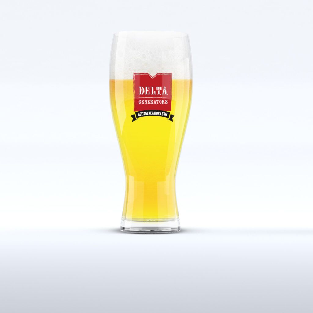 Tall weizen glass with a thick foam head, printed with the red square logo and black website banner in band colors.