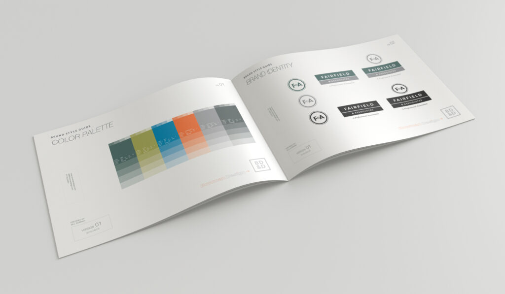 Open style guide spread pairing the six-family color palette with approved logo lockups across white, green, and black fields.