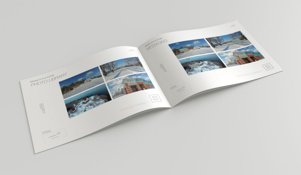 Style guide spread of the brand photo library and messaging pages, winter Maine imagery arranged in grids across both panels.