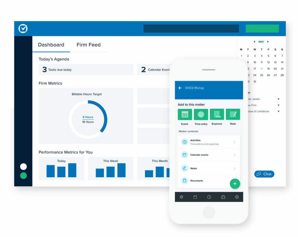 Clio practice dashboard with billable-hours ring and performance charts beside a mobile matter view for adding events, time entries, and notes.