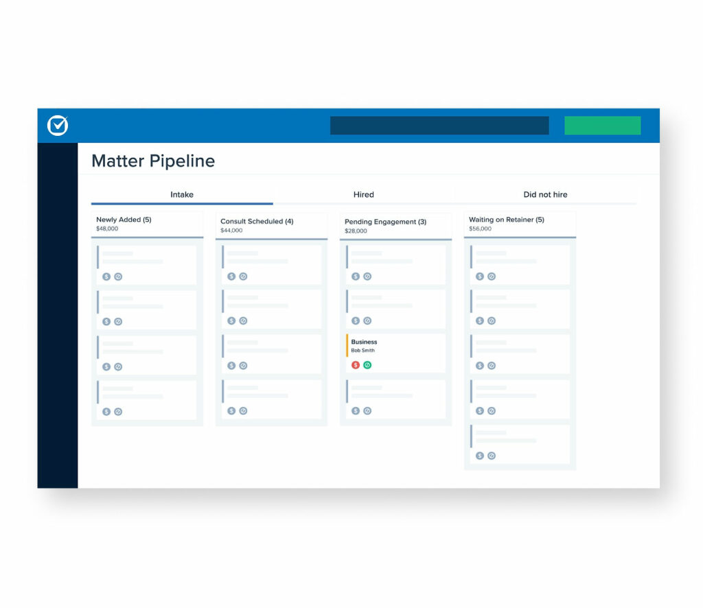 Clio matter pipeline board tracking prospective clients from newly added through consult scheduled, pending engagement, and waiting on retainer.