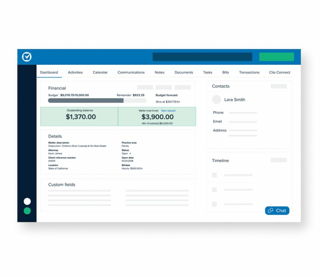 Clio matter dashboard showing budget tracking, outstanding balance and trust funds, case details, contacts, and timeline in a single view.