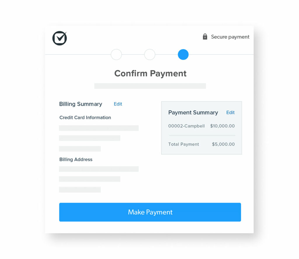Clio secure payment screen confirming a client’s billing summary and payment total ahead of the Make Payment action.