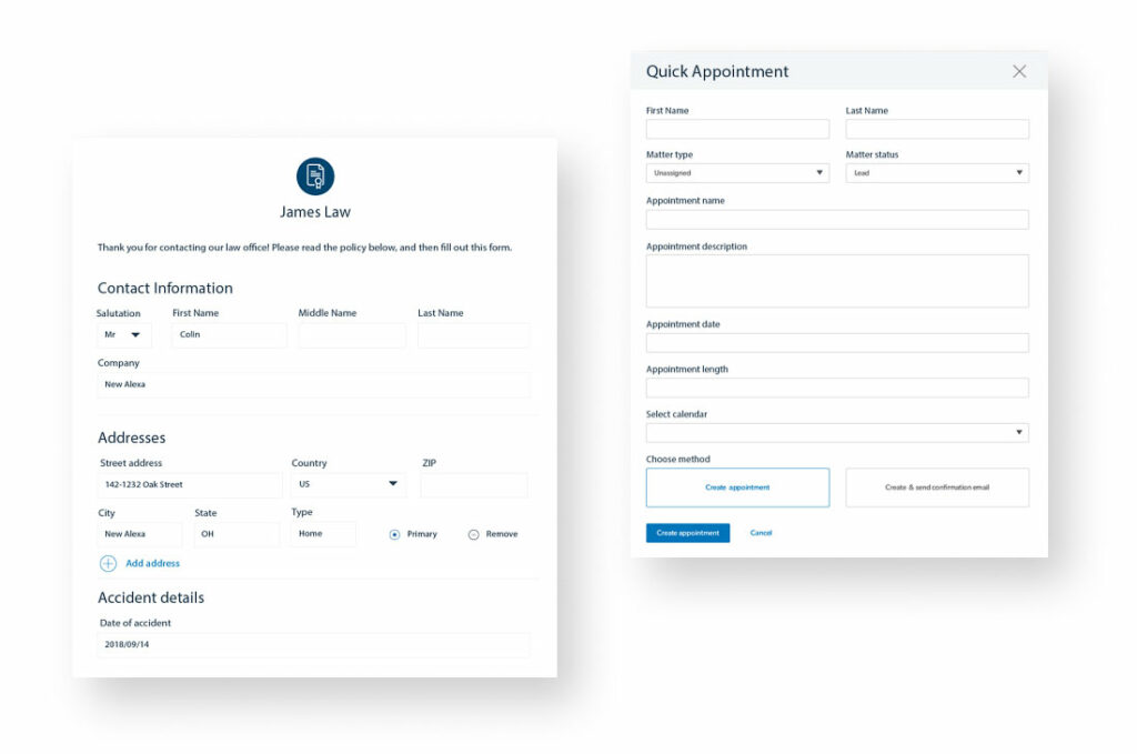 Clio client intake form collecting contact, address, and matter details beside a quick appointment scheduler with calendar and confirmation options.