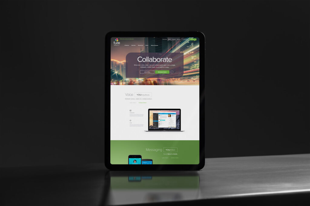 Fuze Collaborate page on a tablet, voice and messaging sections stacked beneath the city-motion hero.