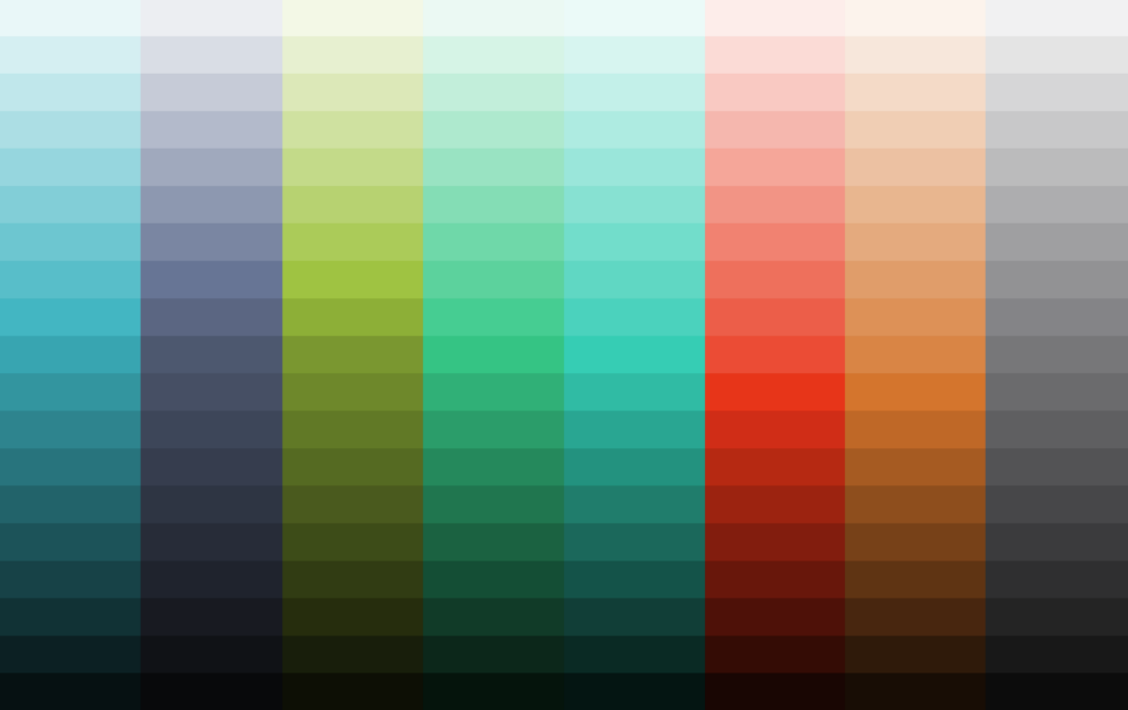 Mekko Graphics chart palette, eight columns from teal and slate through greens, red, and orange stepping tints to near-black.