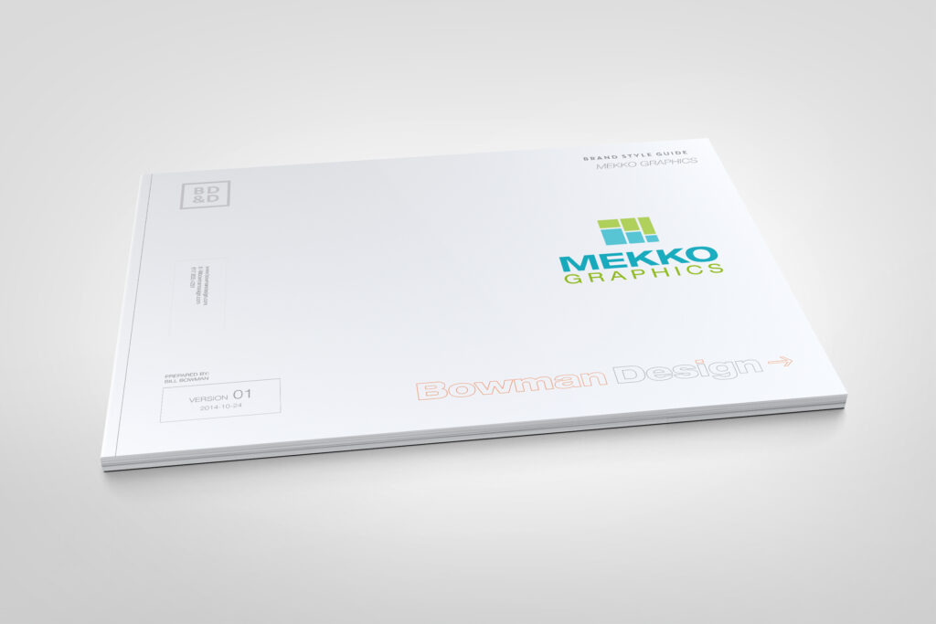 Mekko Graphics brand style guide cover, the refreshed lockup centered on white above the Bowman Design version panel.